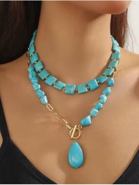 Natural Turquoise Beaded Necklace Teardrop Pendant